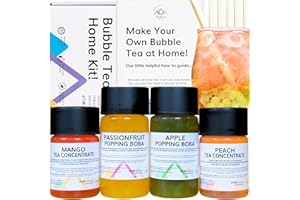 TEMPO TEA BAR Bubble Tea Kit - Peach & Mango with Apple & Passionfruit Popping Boba, Serves 6, Fruit Tea Concentrate, Low Calorie Low Sugar
