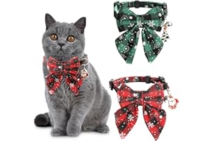 PEUTIER 2pcs Christmas Cat Collar With Bow Tie and Bells - Breakaway, Festive, Removable for Cats and Pets (Red, Green)