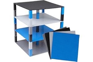 Strictly Briks - Lot 4 plaques de Base empilables de qualité 25,4 x 25,4 cm/40 Briques Stackers 2x2 améliorées - thème Espace - Compatible avec Les Plus Grandes Marques - Bleu/Gris/Noir/Gris foncé