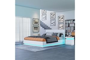 BESTWANTED Gas Lift Ottoman Storage Bed,4FT6 Double Bed Frame with Storage, Ottoman Bed with LED Lights, Faux Leather, White