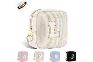 Personalisierte Kosmetiktasche Mini Make up Tasche Klein Cord Schminktasche Damen Tragbare Reise-Kulturbeutel für Toilettenartikel Organizer Personalisiert Initialen Geburtstag für Mädchen Beige L