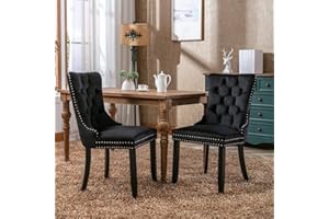 HomeTouch Luxury Velvet Kitchen Dining Chairs Set of 2 Upholstered Knocker Wing Back Office Chairs with Oak Wood Legs for Dining Room Bedroom, Hand Made (2, Black)