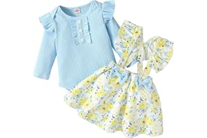 Haokaini Neugeborenes Baby Mädchen Floral Hosenträger Rock Outfits Ruffle Langarm Spitze Strampler Top mit Stirnband Overall Kleid Kleidung Set