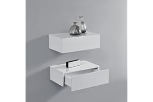 [en.casa] Set di 2 Comodini Sospesi Mensole da Parete con Cassetto Integrato Mobiletti Salvaspazio per Camera da Letto Ingresso Soggiorno 46x30x15 cm Bianco Lucido
