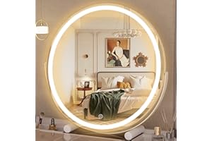 Hasipu Lustro kosmetyczne ze światłami, 45,7 cm LED podświetlane inteligentne sterowanie dotykowe, 3 kolory, ściemniane, okrągłe lustro obracane o 360°, białe