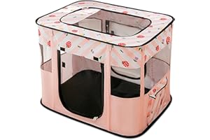 FLOVIPPET Tragbarer Haustier Katzen Laufstall, Faltbar Zelt für Hund Welpe, Freigehege mit Abnehmbarem Reißverschlussnetz Oben für Katzen Hasen Haustierhaus im Innen- und Außenbereich (Rosa, L)