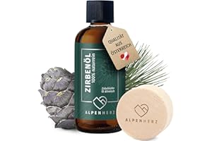 ‎NORTH-WEST ALPEN HERZ Zirbenöl 100 ml mit Duftstein aus Zirbenholz - 100% naturrein ätherisches Zirbelkieferöl aus Österreich Duftöl Raumduft Duftlampe Zirbenwürfel Diffuser Zirbe Zirbelkiefer Öl