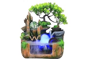 HarBin-Star Zimmerbrunnen mit LED Beleuchtung, Tischbrunnen Wasserfall mit Nebel und Kristallkugel, Grüne Pflanze Brunnen, GartenAquariumHarz Desktop-Brunnen, Zimmerbrunnen 34 x24 x 34 cm