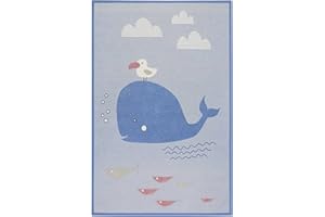 WECON HOME Wendbarer Kurzflor Esprit Kinderteppich mit Wal vorne und Sternenhimmel hinten für Kinderzimmer - Whale Buddy (140 x 200 cm, blau)