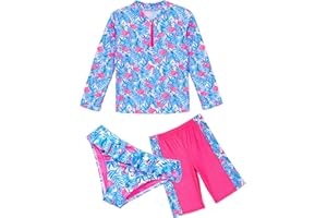 IKALI Girls Flamingo Swimming Costume 3 Piece Kids Long Sleeves Tankini Swimsuits Summer Pool Party Swimwear Bathing Suit