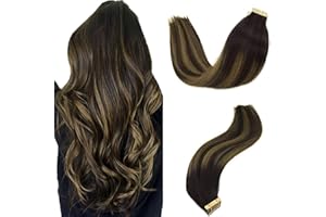 GOO GOO Tape in Hair Extensions Human Hair, 20pcs 50g 16inch, Balayage Dark Brown to Light Brown Real Remy Hair Extensions Seamless Straight Human Hair Extensions