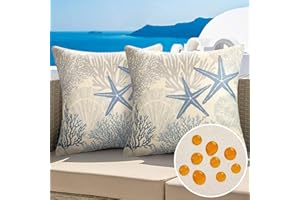 VELVHOM Fundas de Cojines para Sofá Exteriores Fundas de Almohada Cuadrada Lino Impermeables Primavera Verano Estrella de Mar Algas Marinas Azul Decorativa para Jardín Sala de Estar 45 x 45 cm, Juego de 2