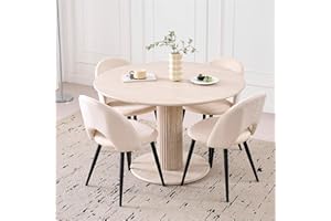 DEYARNA HOME 115cm Runder Esstisch mit 4 Esstischstühlen, Küchentisch aus MDF (Travertin-Maserung) und 4 Stühle für Küche, Esszimmer, Wohnzimmer und Büro (Beige)