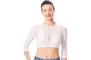 Dirndlwelle Spitze Dirndlbluse Langarm Dirndlbluse Damen Trachtenbluse Creme Dirndl Bluse Hochgeschlossen für Oktoberfest Gr.34-50