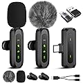 Jubolion Lot de 2 mini micros cravate sans fil pour iPhone, iPad et Android, avec écran LED, réduction du bruit, microphone à clipser Plug-and-Play pour enregistrement vidéo, TikTok, YouTube et