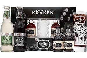 BEAMS INTERNATIONAL The Kraken Experience, Spiced Rum Gift Set - 2x 5cl Kraken Rum Black Spiced Miniature, Rum Glass and x2 Franklin & Sons Ginger Beer, Cola 200ml, Rum Gifts for Him Birthday - Alcohol Gift Sets for Men
