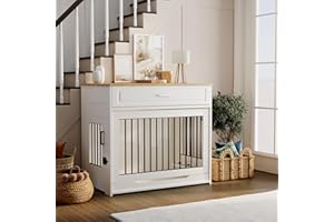 DAWNYIELD Meuble pour Cage de Chien, Cage en Bois avec Porte Coulissante et Tiroir, Meuble D'intérieur pour Chien, Table D'appoint avec Gamelle Pivotante à 360°, Blanc