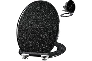 Angel Shield Glitter Toilet Seat Molded Wood Toilet Seat, Quiet Close with Quick Release Adjustable Hinges 45x37cm Oval, Fits EU Bottom-Mount Toilets (Black Glitter)