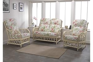 DESSER & CO LTD THE HOME OF RATTAN FURNITURE SINCE 1919 Desser Morley Cane Conservatory Furniture Set – 2 Seater Sofa & 2x Armchairs – Indoor Rattan Pole Chair & Settee Suite with UK Manufactured Cushions – Premium Blossom Fabric
