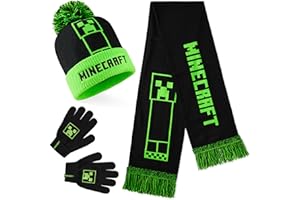 Minecraft Gorro Invierno Set de 2 o 3 Piezas, Gorro Pompón y Guantes con o sin Bufanda, Accesorios de Invierno, Regalos Niños