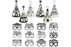 LECONCES 2026 New Year Eve Party Accessories Black and Silver: Photo Booth Props, Glasses, Paper Cone Hats