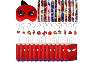 CLVSYH Cartoon Regalo Compleanno, 12 Cartoon Sacchetti Regalo + 12 Braccialetti Slap per Bambini + 12 Portachiavi per Bambini + 12 Maschere di Supereroi, Bomboniere per Feste di Compleanno per Bambini