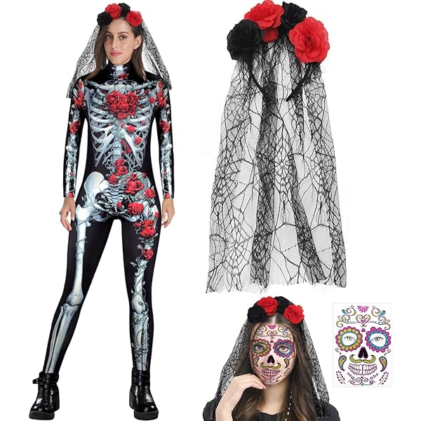 Halloween Jumpsuit Damen - Grusel Kostüm Mit Skelett Design Für Partys
