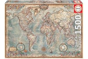 Educa - Genuine Puzzles. Mappa Politica del Mondo. Puzzle per Adulti. 1500 pezzi. Misura: 85 x 60 cm. Include colla fix puzzle. Da 14 anni (16005)