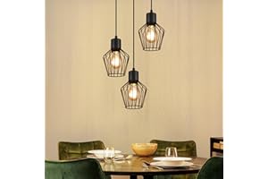 ‎LICHTMALER Lichtmaler Pendant Light 3-Bulb Round Pendant Light Black LED E27 Metal Lampshade in Cage Shape Retro Dining Table Lamps for Dining Room Hallway Cafe Bedroom Living Room