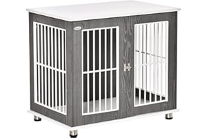 Pawhut Gabbia per cani in legno con superficie del tavolo e cuscino rialzato design cuccia per cani di taglia media piccola, tavolino interno grigio + bianco 85 x 55 x 75 cm