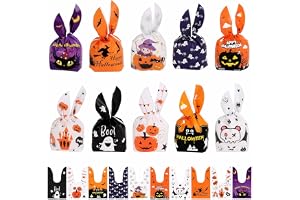 JOFONY 100 Halloween godispåsar med kaninöron, 10 färgglada mönster, plastpåse för godis, perfekt för halloweenfester, trick