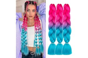 FANWYFYU Jumbo Braiding Hair Extension Colourful Xpression Pre Stretched 3 Packs 24inch Braiding Hair Heat Resistant Synthetic African Box Braids Crochet Twist Rainbow hair (Peach red-Navy blue)