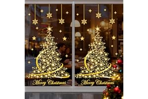 GAEEP Large Christmas Window Stickers, 106 PCS Gold Tree Xmas Window Stickers Reusable, Double-Side Visible PVC Christmas Window Clings for Home Shop Party Holiday Xmas Decorations Glass Decals