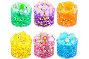 JAMDESDW 6 Pack Jelly Cube Crunchy Slime Kit with Yellow, Pink, Purple, Green and Blue Color, Clear Crunchy Slime Sludge Toy with Cute Charms, Valentine Party Favors for Girls Boys