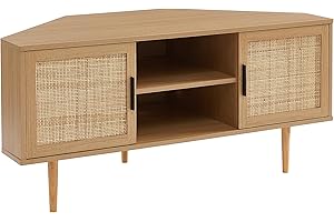BAÏTA - Mueble de TV esquinero Amana Efecto Roble y cannado de ratán 2 Puertas