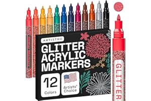 Artistro Feutres à Paillettes Pour Peinture sur Roche, Pierre, Céramique, Verre, Bois, Tissu, Scrapbooking, Bricolage, Cartes, Coloriage. Lot de 12 Marqueurs Acryliques à Pointe Extra-Fine 0,7 mm