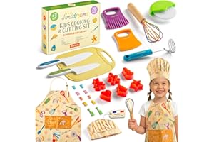 Jimadreams Kit Couteau Cuisine Enfant Montessori avec Tablier et Toque de Petit Chef - Kit Patisserie & Découpe, Set Couteaux Sécurisés et Ustensiles de Cuisine pour Enfants, Coffret Cadeau dès 3 Ans