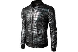 JOGAL Herren Metallic Pailletten Baseball Bomberjacke 70er Disco Party Kostüm