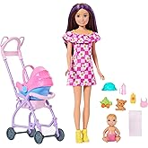 Barbie Bebek Bakıcısı Skipper oyun seti, kahverengi sa&ccedil;lı yetişkin ve sarı sa&ccedil;lı k&uuml;&ccedil;&uuml;k bebek, bebek arabası, &ccedil;ıkarılabilir ar