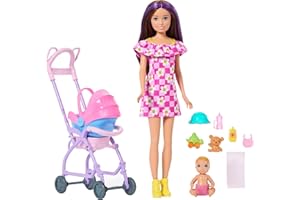 Barbie Skipper Babysitters Inc. Spielset mit brünetter Puppe, Blonder Babypuppe, Kinderwagen mit abnehmbarem Autositz und 7 Zubehörteilen, JJB42