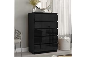 Blisswood High Gloss Chest of Drawers 5 Drawer Bedroom Storage Unit with Anti-Bowing Support & Metal Runners, Black Cabinet for Bedroom, Living Room, Nursery or Office Furniture (40D x 70W x 115H cm)