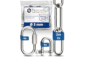 NIETFULLTHINGS 2 piezas 200cm = 2 metros Cadena de extensión de acero inoxidable de 3mm de espesor, 350kg como máximo, con grillete de conexión por tornillo V4A juego de fijación para colgar, hamaca o silla colgante