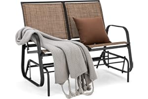 RELAX4LIFE 2 Seater Glider Bench, Outdoor Rocking Chair Garden Rocker Loveseat, Double Swing Benches Steel Frame Leisure Armchair for Beach Backyard Poolside (Brown, 117 x 70 x 92cm)