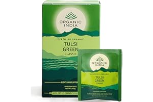 Organic India Tulsi Green Tea - Organic Green Tea & Holy Basil - Soft Citrus & Fresh Mint Flavour - Gently Energising Herbal Blend - 18 Individually Wrapped Tea Bags