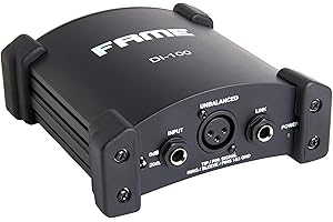 Fame Audio DI-100 Active DI Box, High Quality Signal Processing, 6.3 mm Jacks, XLR Input, Link Output, Input Level Loss, Balanced XLR Output, Ground/Lift Switch, Battery or