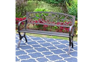 ‎PHI VILLA PHI VILLA Gartenbank Metall Rückenlehne aus Gusseisen Stahlrahmen 2-3 Sitzer Bank Outdoor mit Floralem Design für Park, Garten und Terrasse Bronze