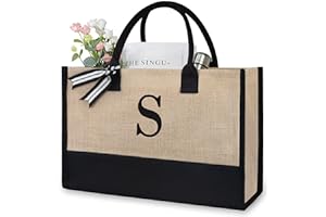 TOPDesign Initial Jute/Canvas Tote Bag, Personalized Present Bag, Suitable for Wedding, Birthday, Beach, Holiday, is a Great Gift for Women, Mom, Teachers, Friends, Bridesmaids
