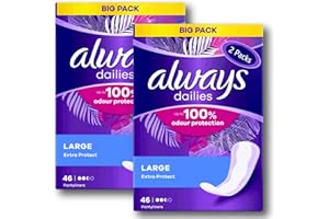 LINENVALE Always Dailies - Lot de 2 paquets de 46 protège-slips larges - 92 au total - Contrôle jusqu'à 100 % des odeurs - Fraîcheur quotidienne - Protection de l'hygiène féminine - Absorption améliorée -