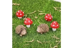 letcdfer Garden Ornaments Outdoor, 6 Pack Fairy Garden Accessories, Resin Hedgehogs and Wood Mushroom Miniature Figurines, Decorations For Any Garden