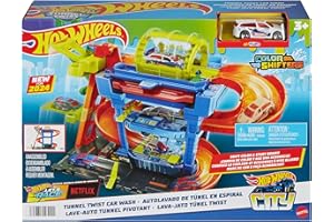 Hot Wheels Let's Race Netflix - City Spielzeugauto-Trackset, Farbwechsel-Tunnelautowaschanlage mit 1 Farbwechselfahrzeug im Maßstab 1:64, HTN80